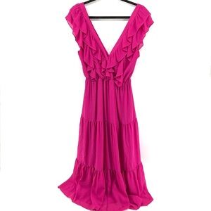 WAYF Pink Ruffle Vneck Midi Dress